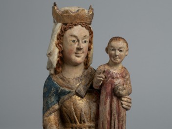 Madonna in trono col Bambino, inizio XIV secolo. Scultura donata nel 1896 all'Académie da un abitante di Fénis (© RAVA, foto Gonella)s